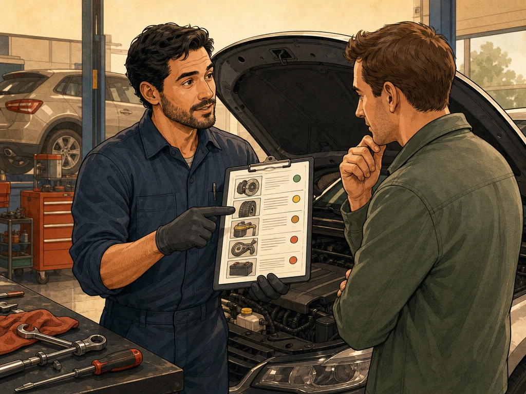 A mechanic explaining an inspection result to a vehicle owner beside the car