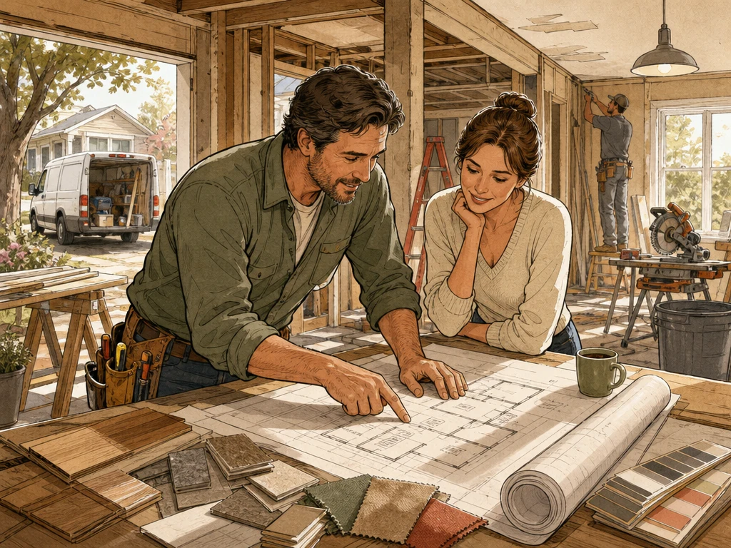A residential contractor and homeowner reviewing project plans at an active renovation site