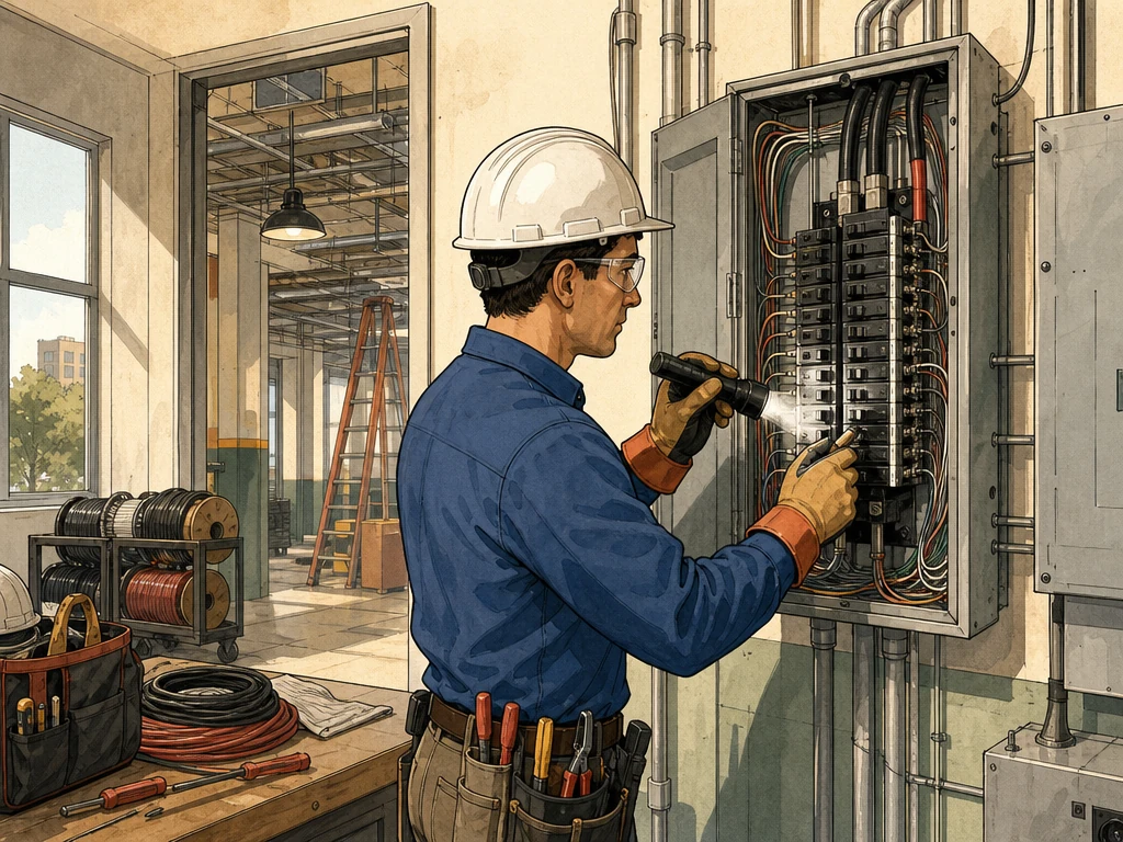 A licensed electrician safely inspecting an electrical panel with protective tools