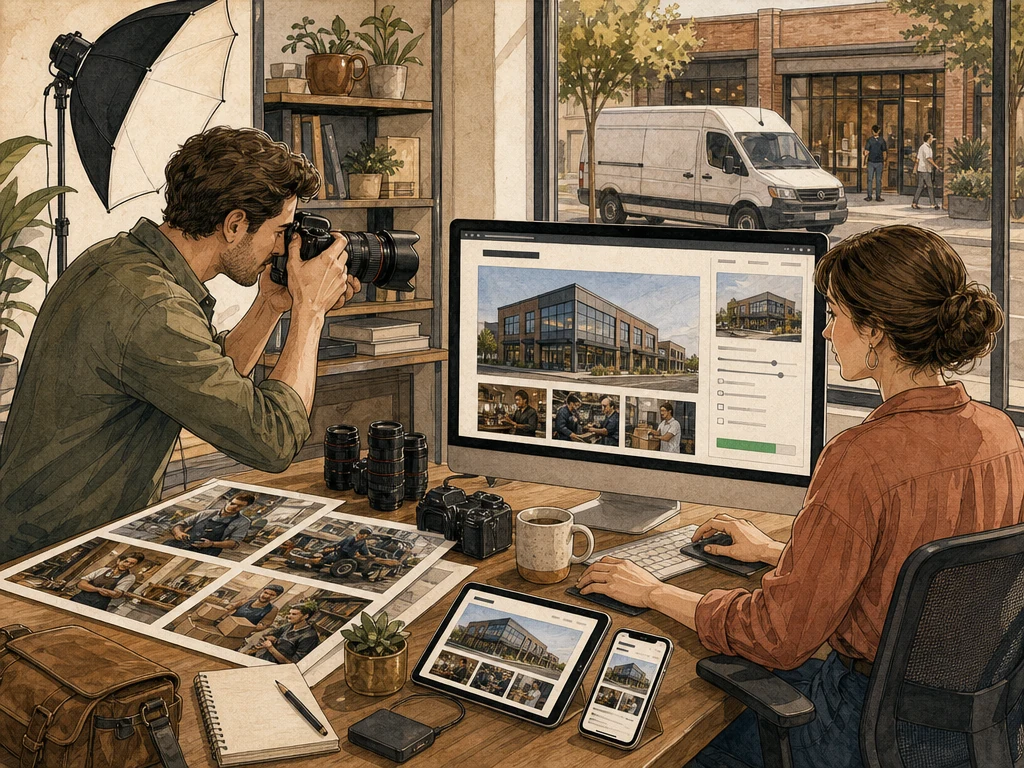 A photographer and web editor optimizing original business photos for a fast accessible website
