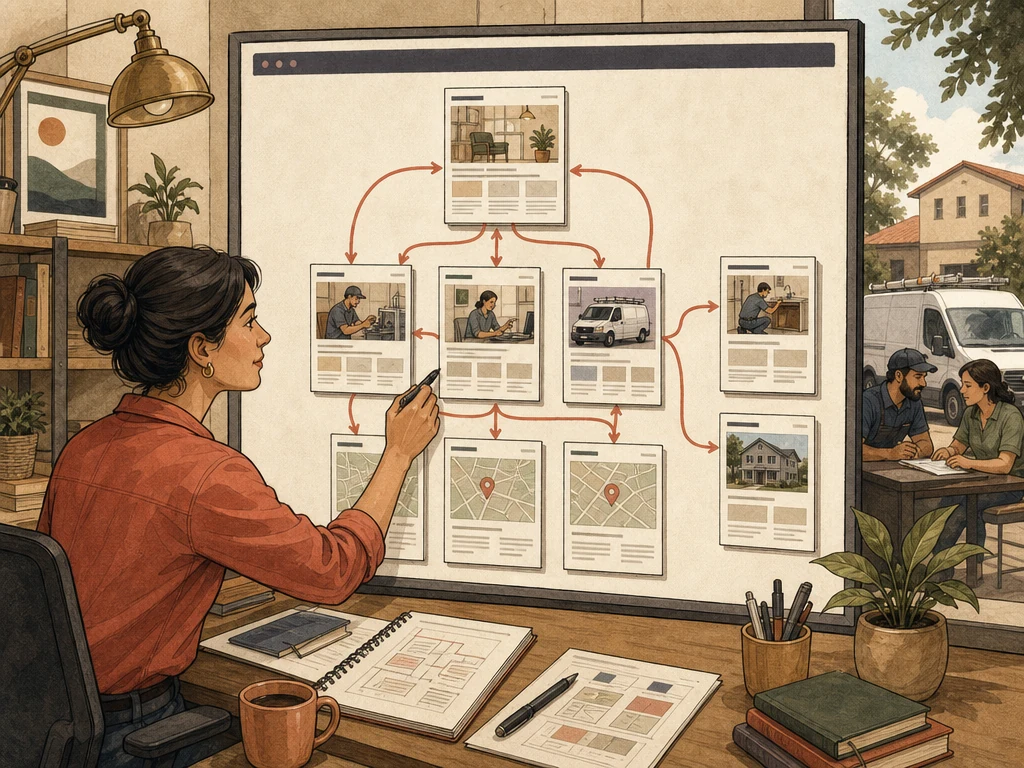 A web strategist connecting service pages location pages and guides with clear pathways on a site map