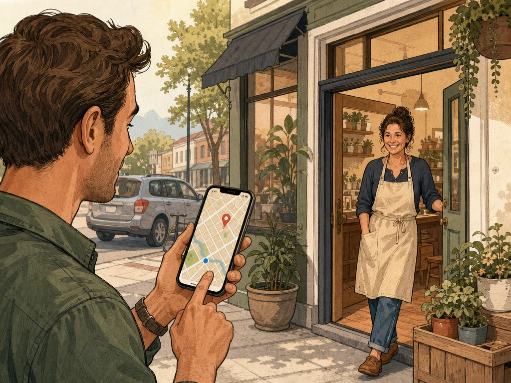 A customer using a phone map to find and visit a nearby independent business