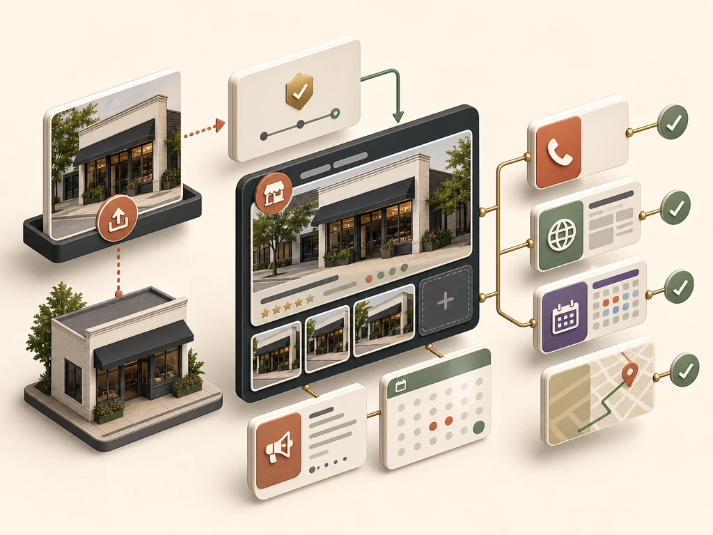 Isometric profile publishing system connecting current storefront photos and updates to verified call, website, booking, and directions actions