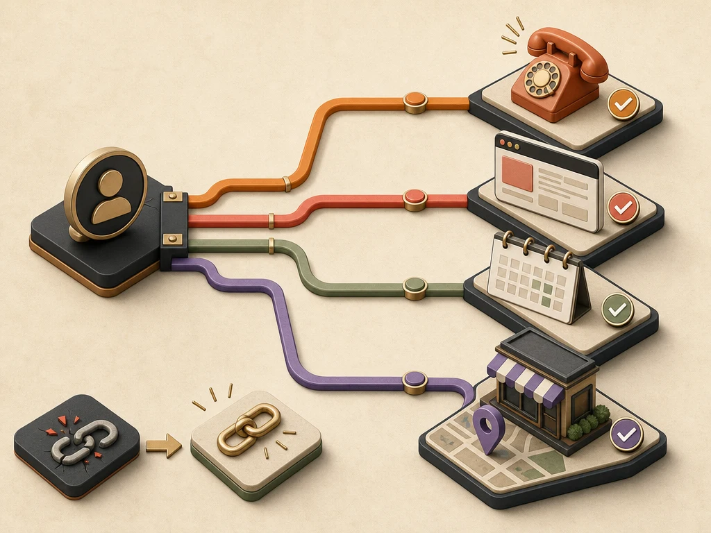 Isometric action routes connecting a business profile to tested phone, website, booking, and directions destinations