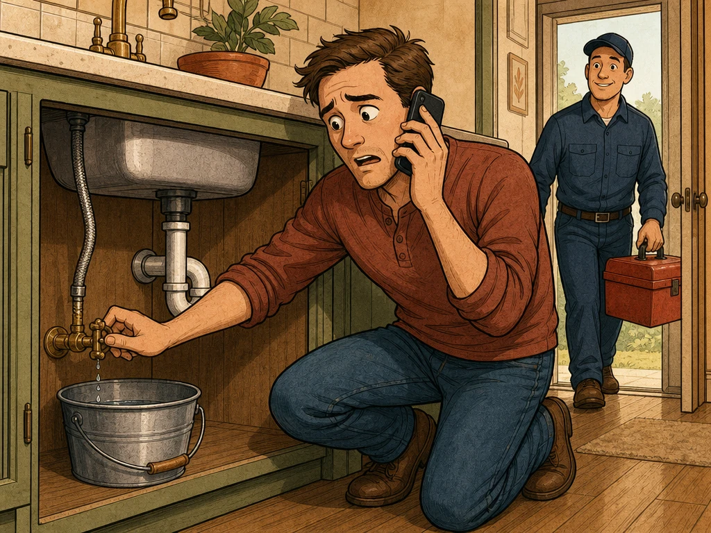 A homeowner urgently calling a local plumbing company from a phone near a leak