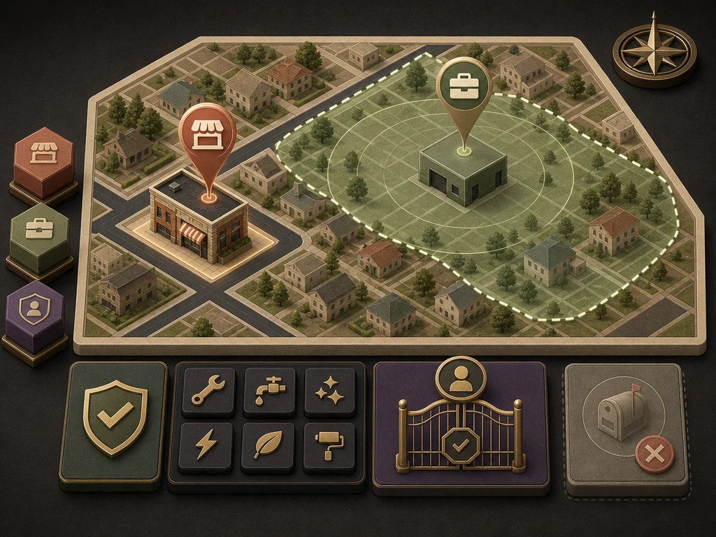 Isometric neighborhood map contrasting a customer-facing storefront, a service-area business, and an ineligible mailbox location