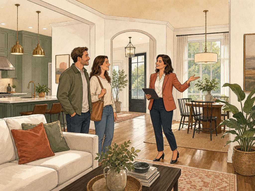 A real estate agent guiding buyers through a bright residential home