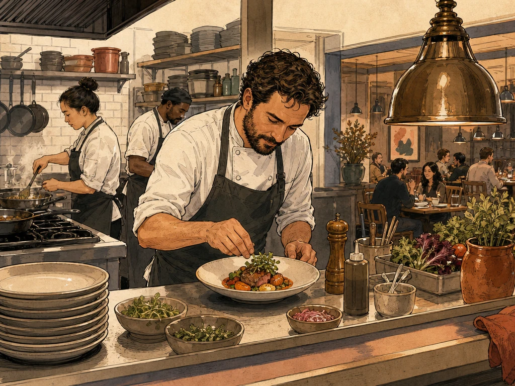 A chef plating a signature dish in a busy independent restaurant kitchen