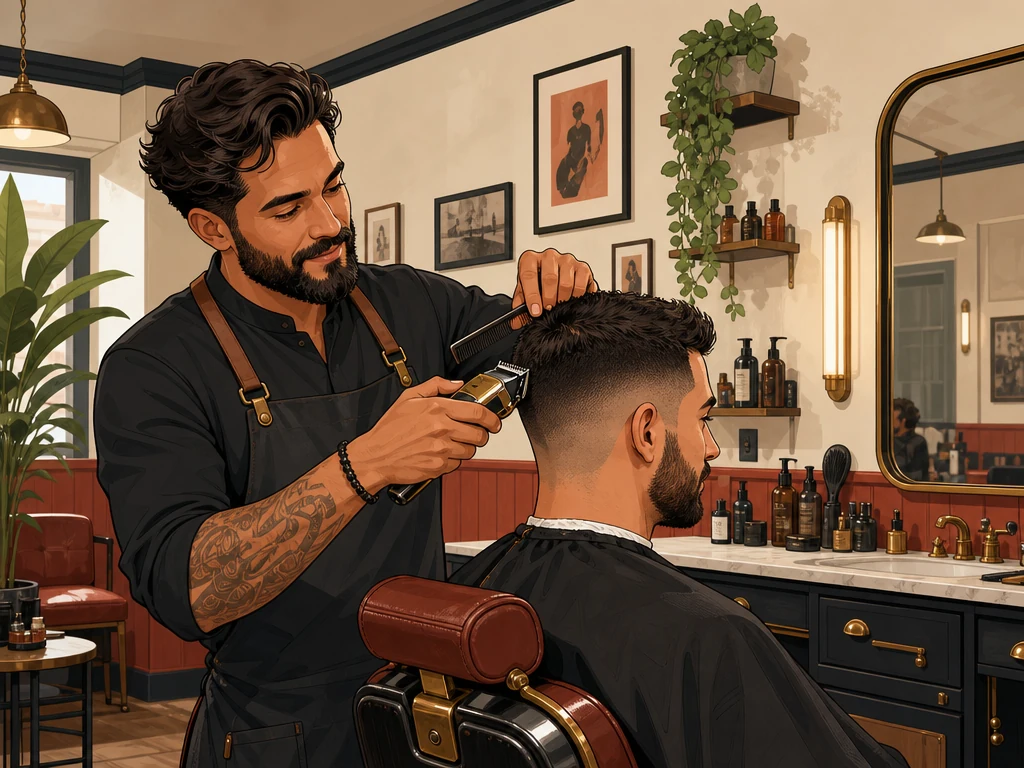 A professional barber using clippers and comb to create a precise fade for an adult client