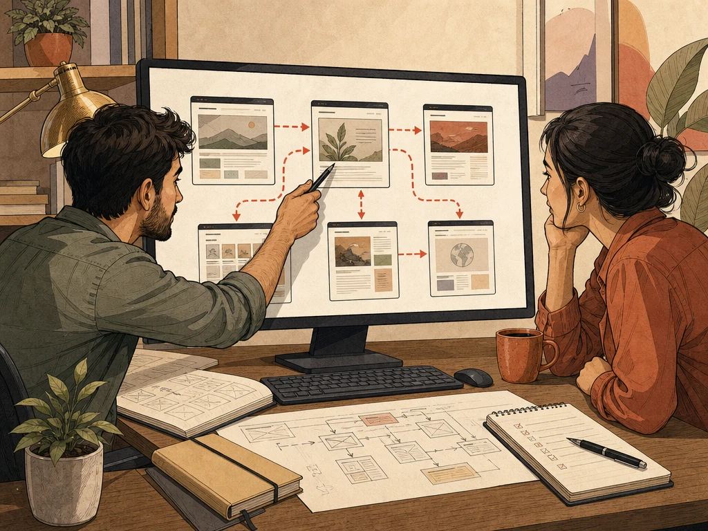A human web developer tracing real website navigation and indexing behavior across several page previews on a monitor while a colleague reviews the site