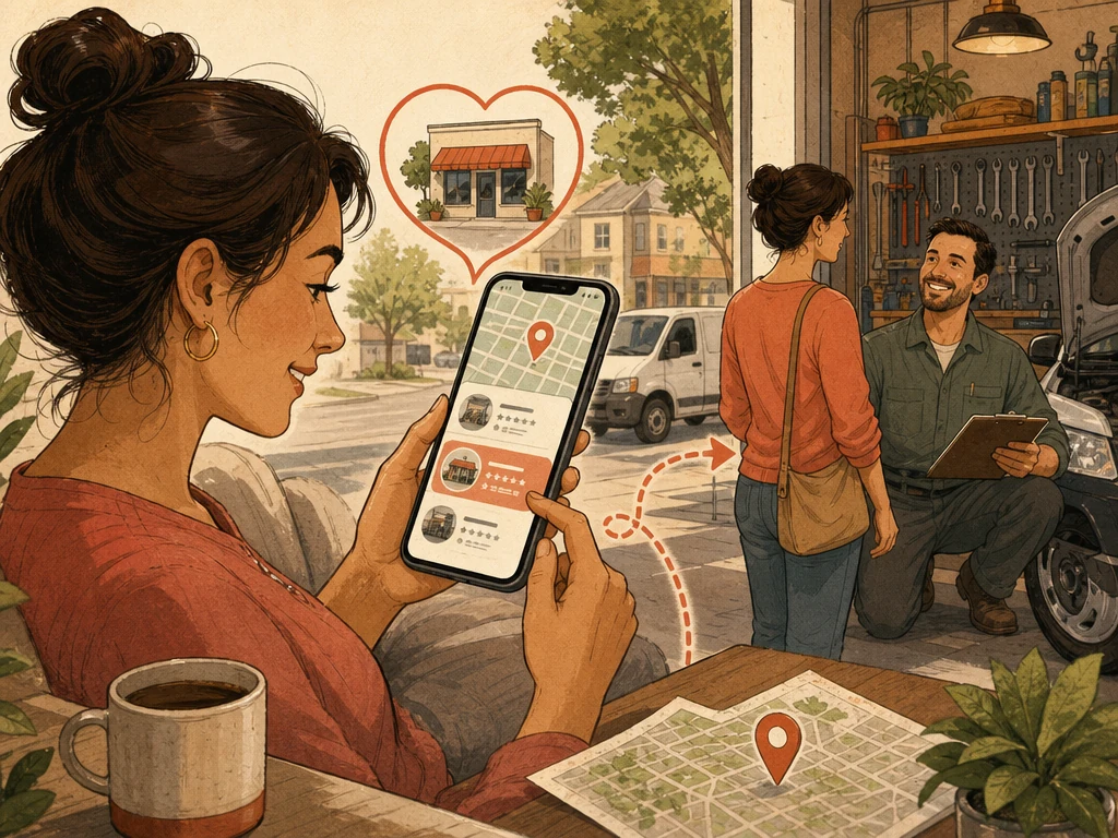 A customer searching on a phone and choosing a helpful local business result