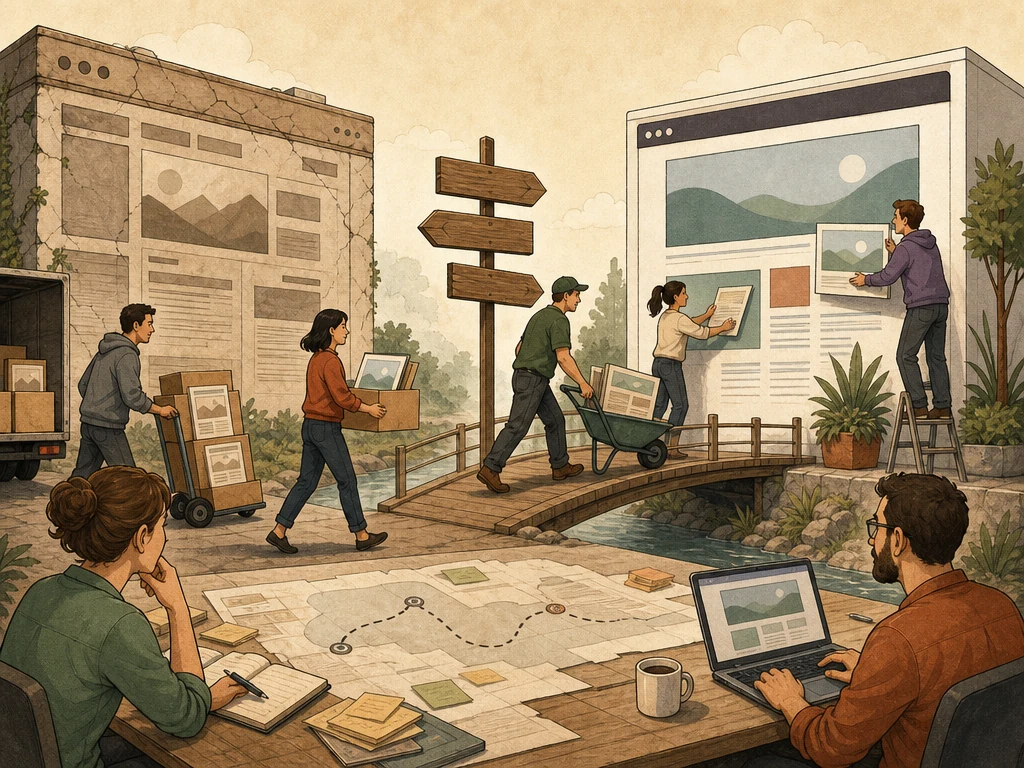A web team carefully moving pages from an old website to a redesigned website with redirect signposts