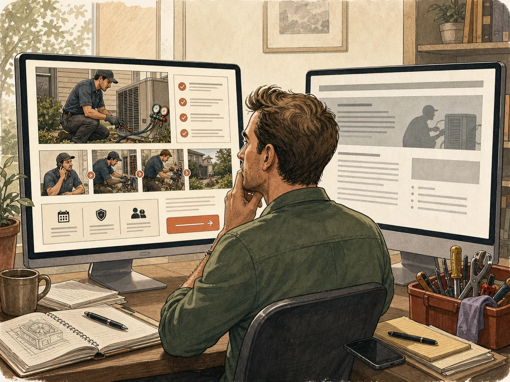 A potential customer comparing a clear service page with process photos and an estimate button