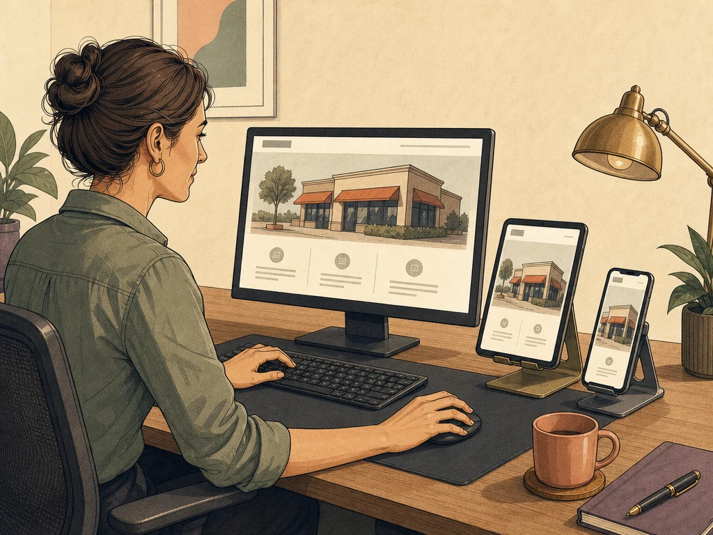 A website quality-assurance specialist testing the same local-business website across a desktop monitor tablet stand and smartphone stand